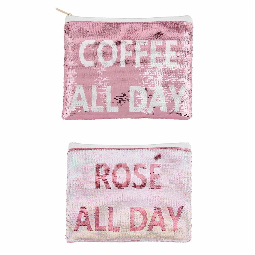 This photo shows the two sayings on the same case in the swipe sequins.  The top says 'coffee all day' in white sequins on a pink background.  The bottom shows the alternate saying 'Rose all day' in pink text on a white background.