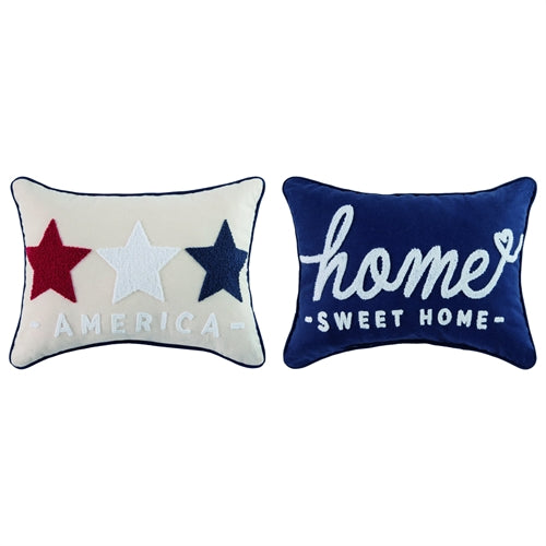 An image of the front and back of the same pillow.  The left shows an off white background with a red, white and blue star.  Below is text that says 'America'.  The right image shows a navy pillow with white text.  'Home' is in lower case cursive and has a heart in the tail of the e.  Below it says 'Sweet Home'.  All text is in hook stitch.