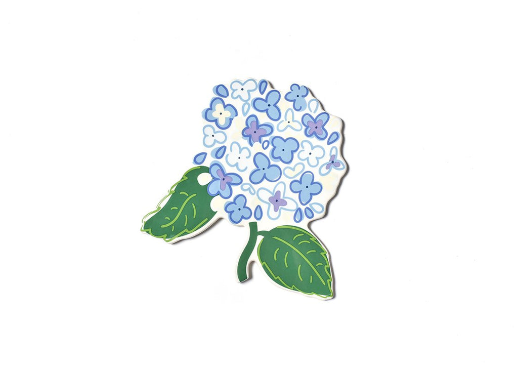 A flat piece of ceramic artwork of a blue hydrangea flower, with a stem and green leaves on either side.  