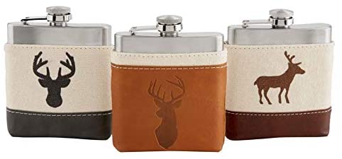 Collection of three flasks on a white background.  Each stainless steel flask is in a canvas and fake leather pouch with an image of a deer.