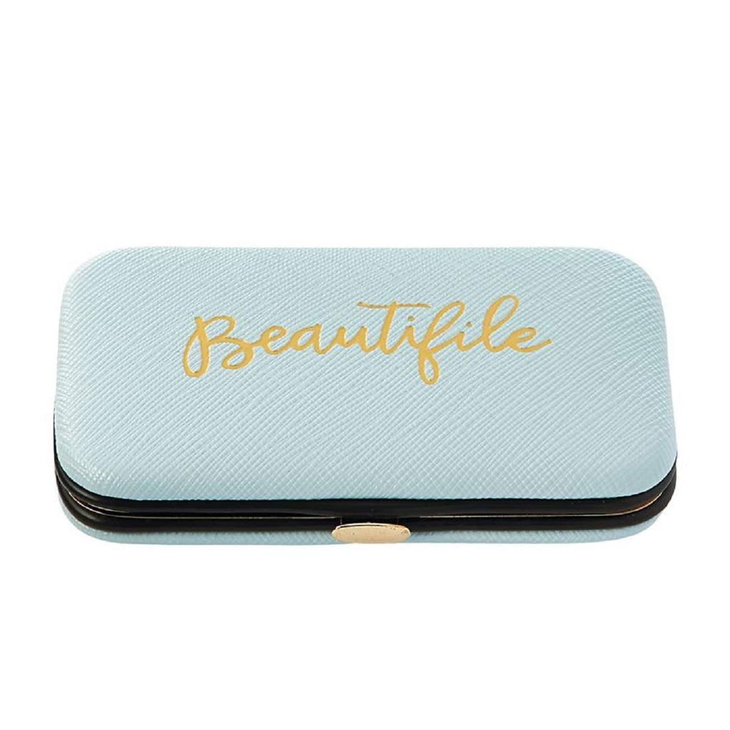 5 piece manicure kit, blue with gold text that says beautifile