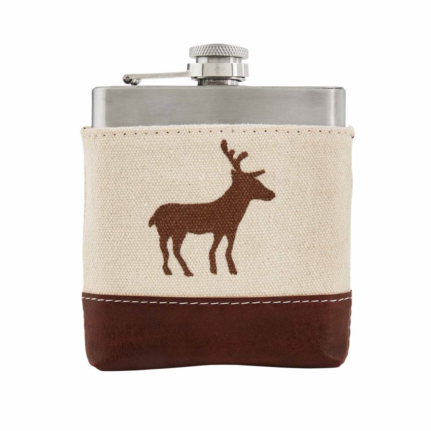  A stainless steel flask in a canvas and fake leather pouch with an image of a deer.  The image of a deer is from the side, and is the same brown as the leather detail on the bottom.