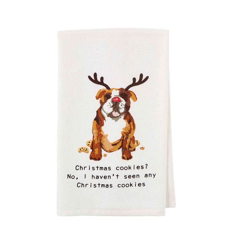 Image of watercolor bulldog wearing reindeer antlers and half eaten cookies on a hand towel.  Text below image reads 'Christmas Cookies?  No, I haven't seen any Christmas Cookies"