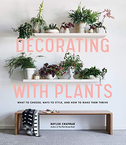 Book cover of 'Decorating with Plants'.  Features two bookshelves of various plants in white pots of several sizes, on a white wall, above a brown wooden bench with a black and white blanket on it.