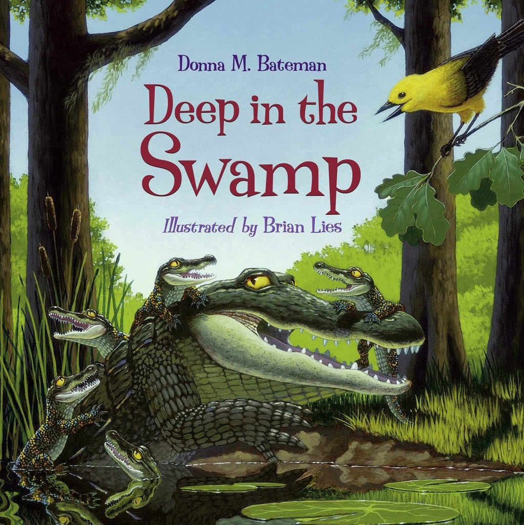 Book cover of 'Deep in the Swamp' showing an illustration of a mother alligator with her young crawling on her.