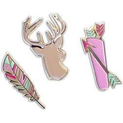 Three enamel pins on a white background.  From left to right, a multi colored feather, a silhouette of a deer, a quiver of arrows with an arrow in front.
