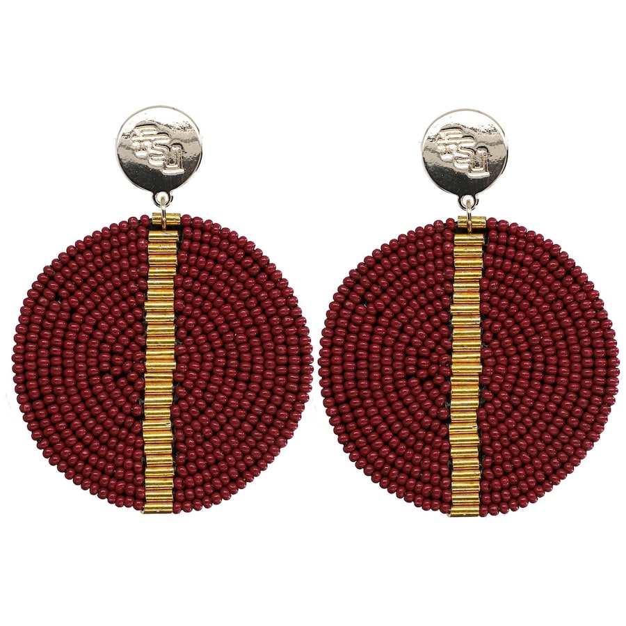An image of a pair of earrings on a white background.  The earrings have a small circle stud at the top engraved with the FSU school logo.  Dangling from the stud is a single disc covered in maroon beads.  Down the middle is a series of stacked gold foil rectangular beads.