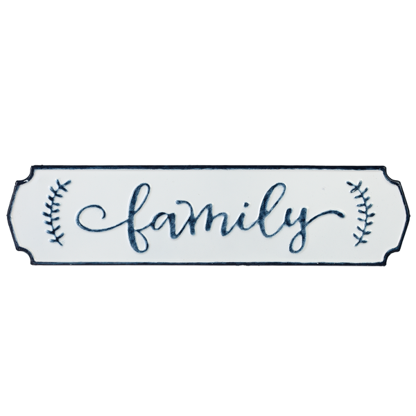 White enamel sign with raised blue detail around the border.  The word 'family' is in lower case script and there are leafy designs on either side of it.