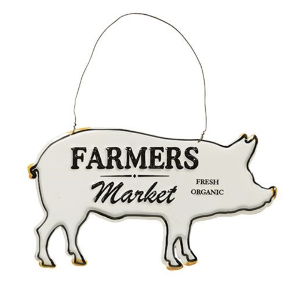 Painted white galvanized pig sign with an arc of metal looped to the pig's back for hanging.  The text "Farmers" and "Market" are raised and painted black.  The sign features a black painted border around the perimeter and vintaged touches on the hooves, tail, snout and ears.