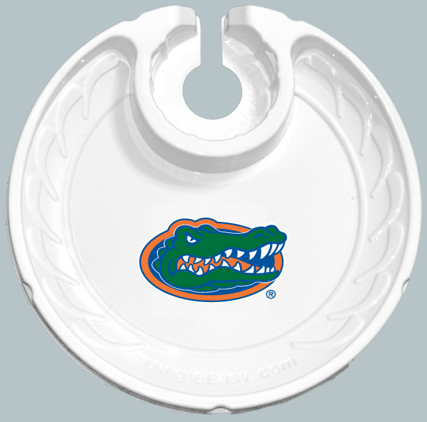 A round plastic plate, from above, with the top notched out to hold a stemmed glass or a can.  The recessed portion of the plate features a raised patterns of waves along the left and right sides.  In the center of the plate is an image of the UF Gator logo.