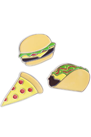 Three enamel pins on a white background.  From top, a cheeseburger, a pepperoni pizza slice, a taco.