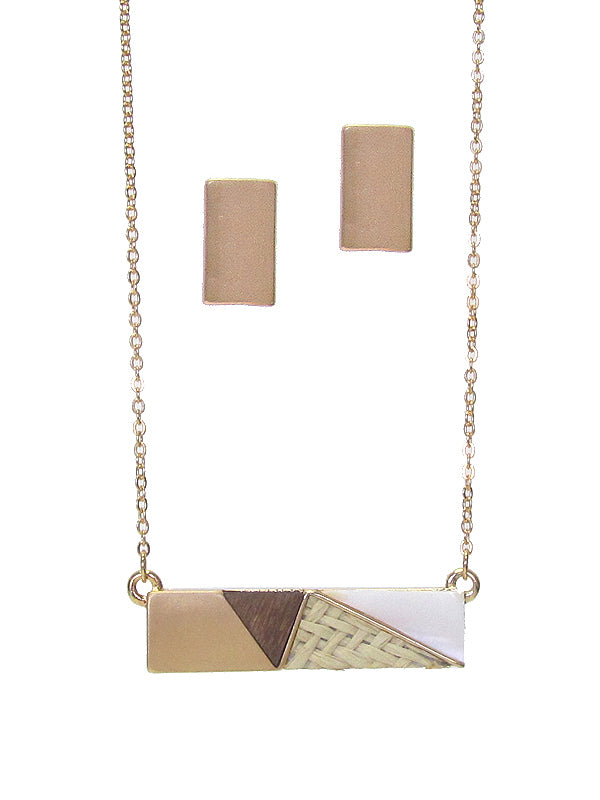 Gold earring and bar necklace set.  Necklace features matching gold, and wood, rattan and iridescent stone accents.
