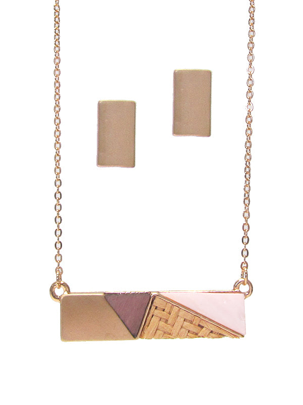 Gold earring and bar necklace set.  Necklace features matching gold, and wood, rattan and iridescent stone accents.