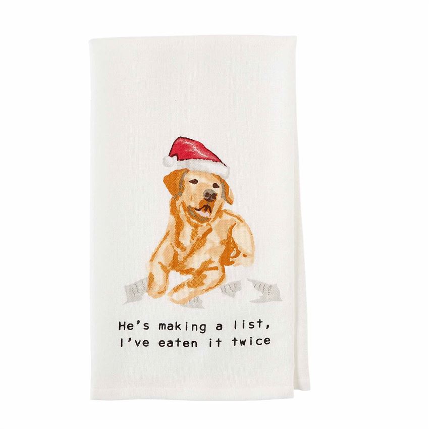 Watercolor artwork of Golden Retriever wearing a Santa hat laying in torn up paper.  Text below image says 'He's making a list, I've eaten it twice"