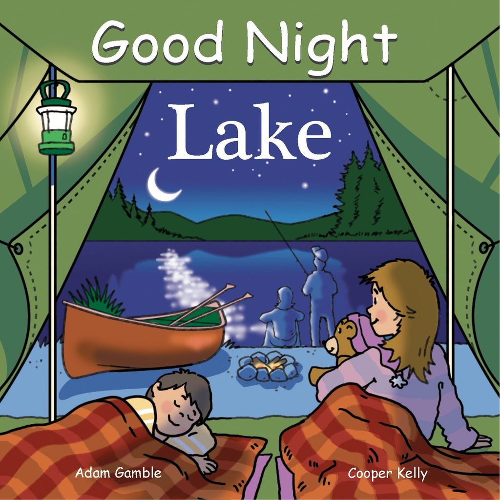 Cover of the book 'Good Night Lake' - depicting a family on a lakeshore at night.  Parents are fishing, a canoe is on shore, and a boy and girl are in a tent ready for sleep.