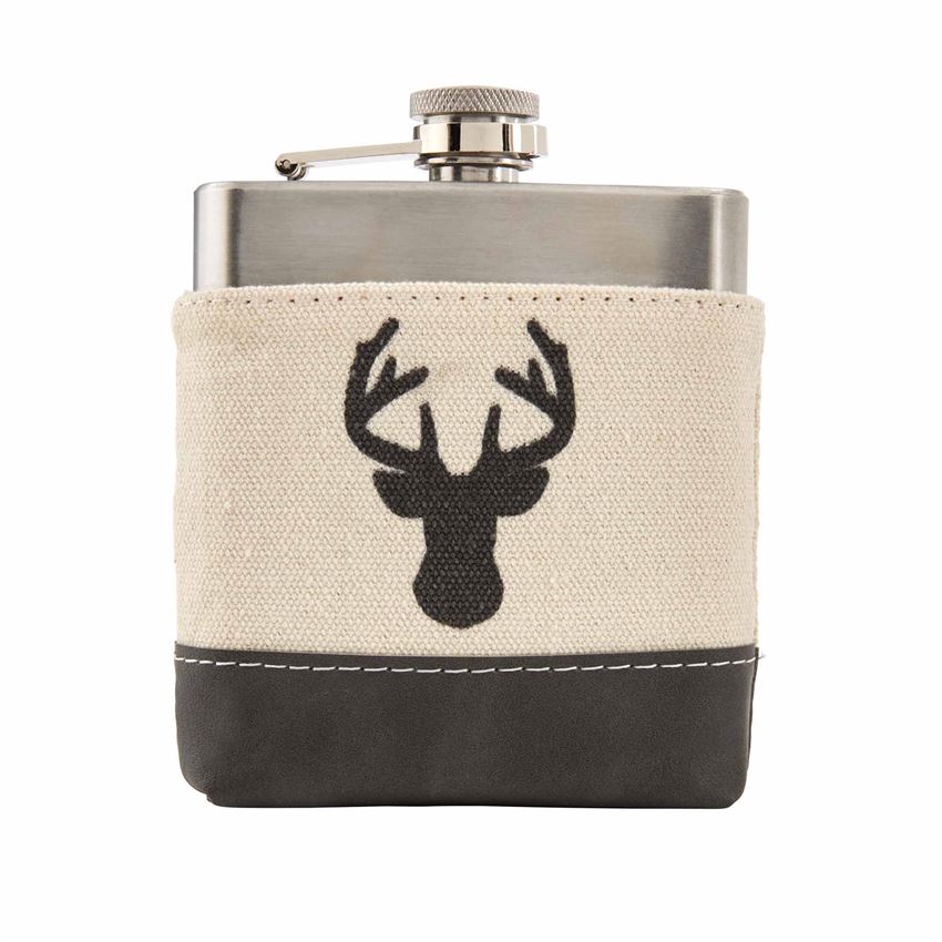 A stainless steel flask in a canvas and fake leather pouch with an image of a deer.  The image of a deer is from the front, and is the same green as the leather detail on the bottom.