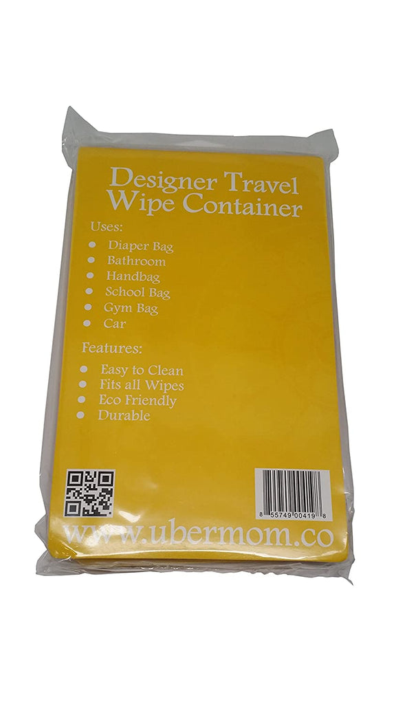 The back of the display bag for 'The WipeBox'.  Text from top to bottom says, Designer Travel Wipe Container.  Uses: Diaper Bag, Bathroom, Handbag, School Bag, Gym Bag, Car.  Features: Easy to Clean, Fits all Wipes, Eco Friendly, Durable"