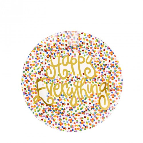 Platter with colorful confetti graphic printed over entire piece, Happy Everything! is written in gold script across the plate.  A strip of velcro is installed vertically at the top of the front of the plate to receive add on decorative items.