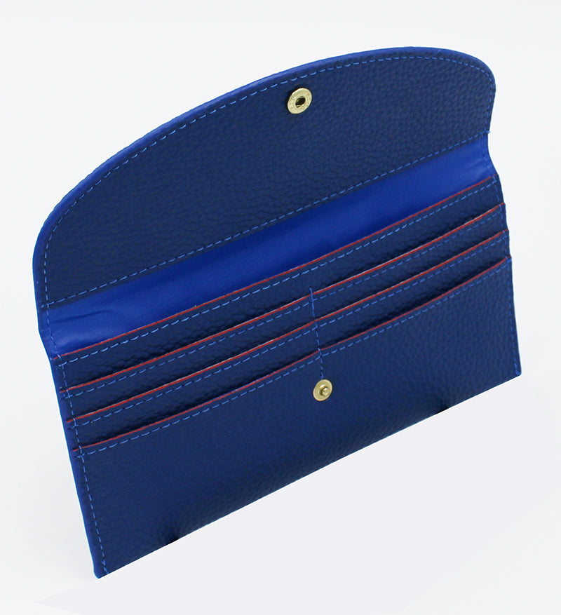 Inside of wallet, flap open showing pocket for cash and six pockets for credit cards