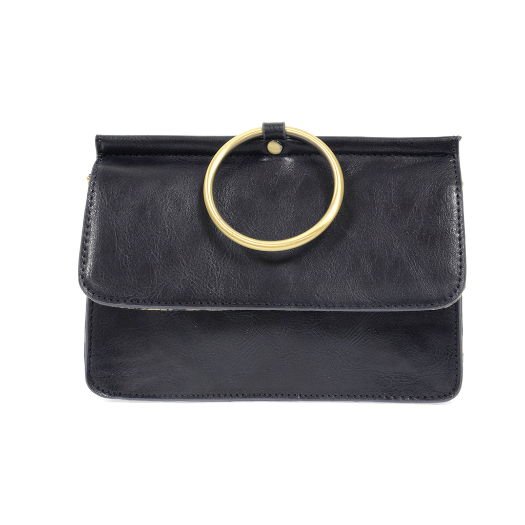 Navy faux leather bag with large metal brass ring
