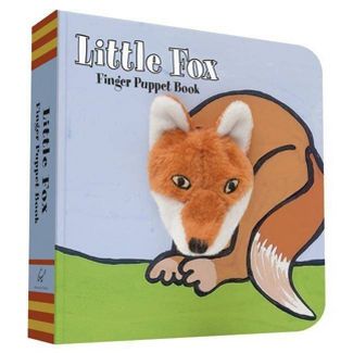 Photo of cover and spine of the book "Little Fox - Finger Puppet Book".  The cover has an illustration of a fox sitting on grass and its head is a plush finger puppet poking through the cover.