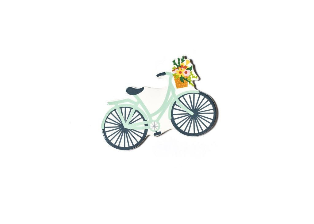 A flat ceramic cut out of a teal bicycle, as viewed from the side.  There is a basket at the handlebars that has fresh picked flowers in it.