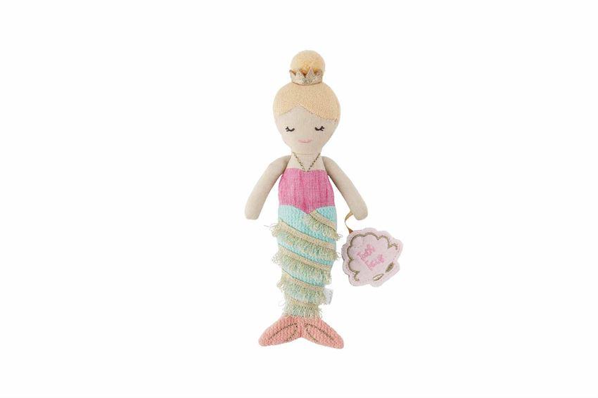 An image of a mermaid tooth fairy doll.  She has her blond hair up in a bun surrounded by a crown.  Her eyes are closed and she is smiling.  She is wearing a pink top, and her mermaid legs are green and accented with gold looped fringe, her tail is coral with gold stitching.  She is holding a shell shaped purse that a tooth embroidered with 'tooth fairy' can be put into.  