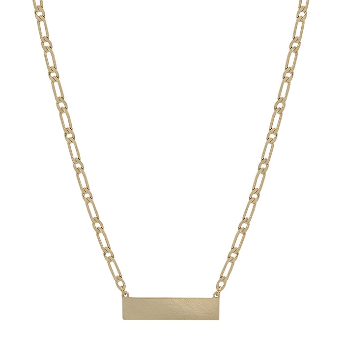 A single gold chain necklace with plain gold bar pendant on a white background.