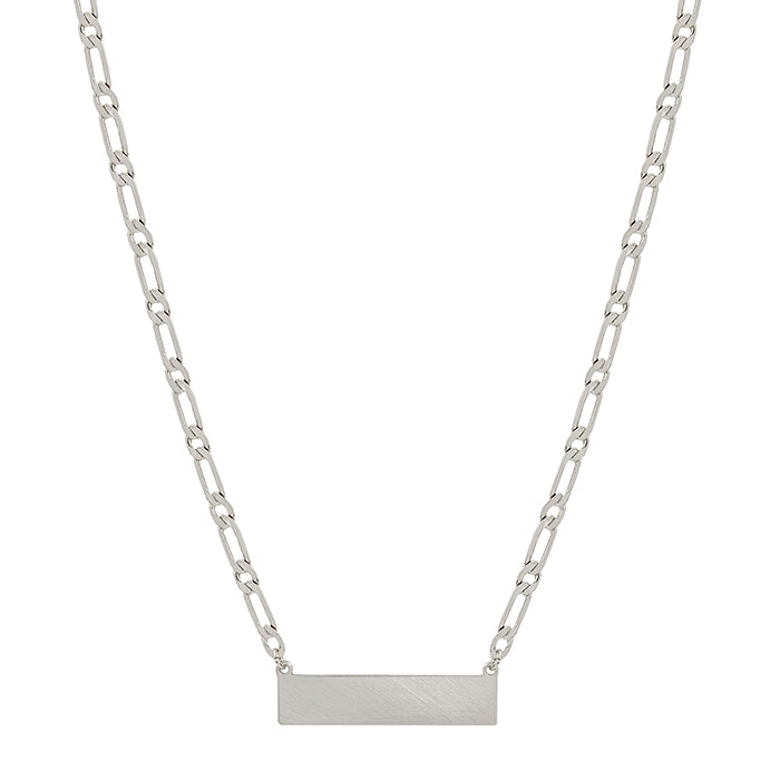 A single silver chain necklace with plain silver bar pendant on a white background.