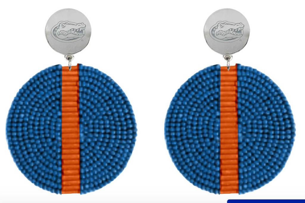 An image of a pair of earrings on a white background.  Each is made of a silver stud with the UF gator logo engraved on it and from that dangle a large singular disc covered with blue beads.  Down the middle of the disc are orange rectangular beads.