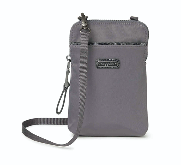 A rectangular gray purse on a white background.  The thin strap is fastened on the top left corner and is draped around to the left side.  The zipper has a pull tab for easy access.