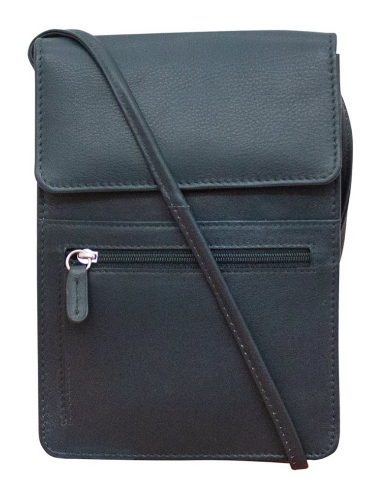 The front of a navy crossbody purse.  It is rectangular, taller than it is wide.  The upper third is a flap, and below is a zippered enclosure.  The thin coordinating strap is positioned across it diagonally.