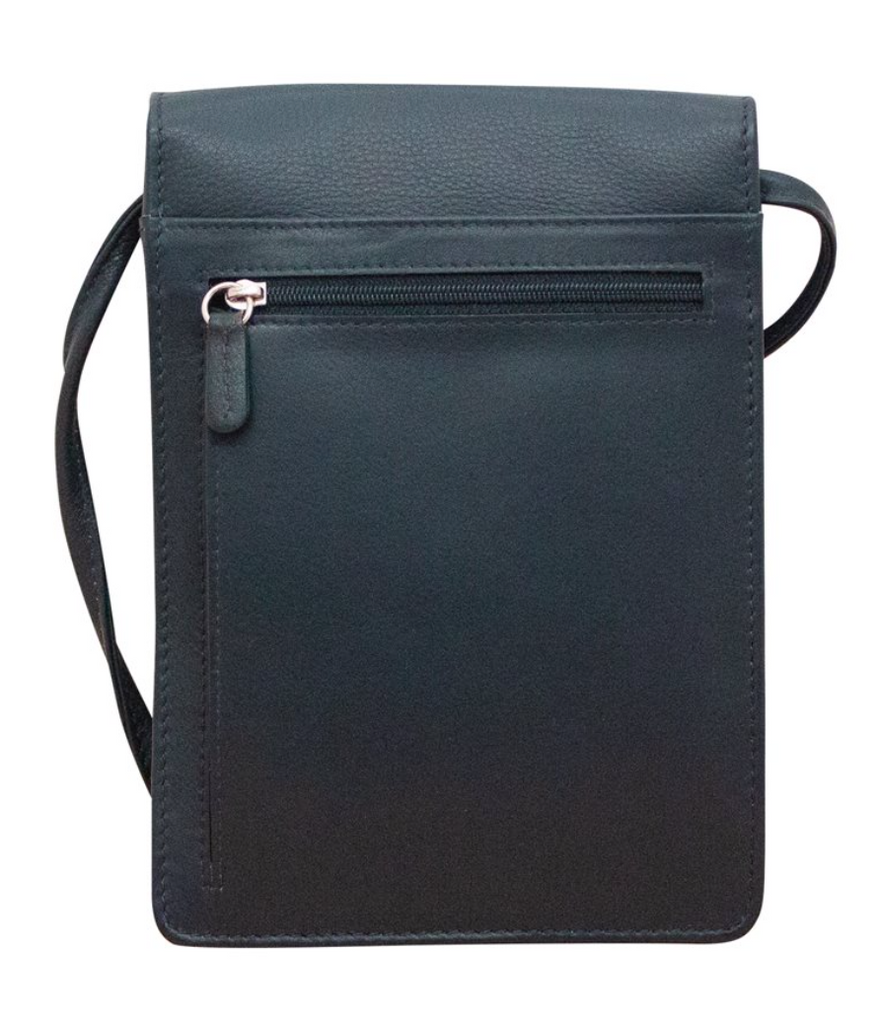 The back of a navy crossbody purse.  It features a zippered pouch, just below the top of the flap.