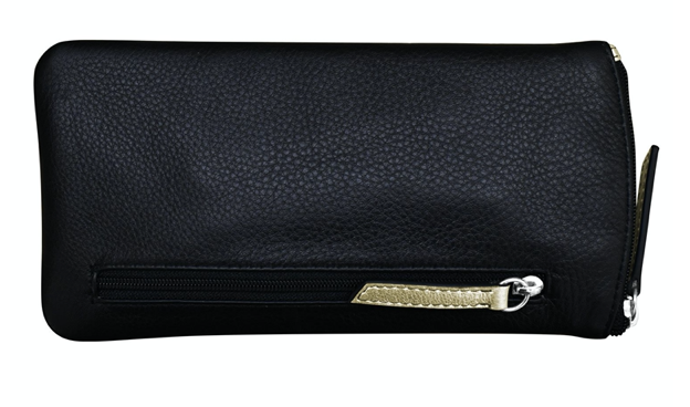 The back of a black leather glasses case showing a zippered compartment with black zipper.
