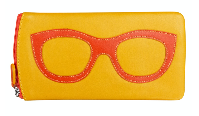 A yellow leather glasses case on a white background.  The case has a zipper along the sides starting with the pull on the left side of the case.  The front of the case features an orange leather pair of sunglasses stitched to the case.