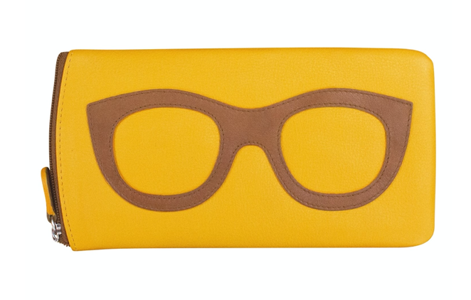 A yellow leather glasses case on a white background.  The case has a zipper along the sides starting with the pull on the left side of the case.  The front of the case features a brown leather pair of sunglasses stitched to the case.
