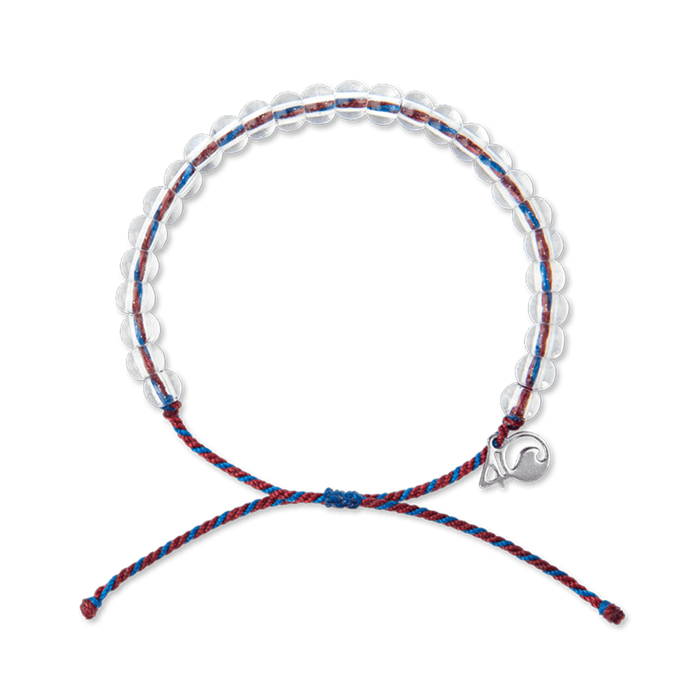 A bracelet made from post-consumer recycled palstic and glass with red and blue cord