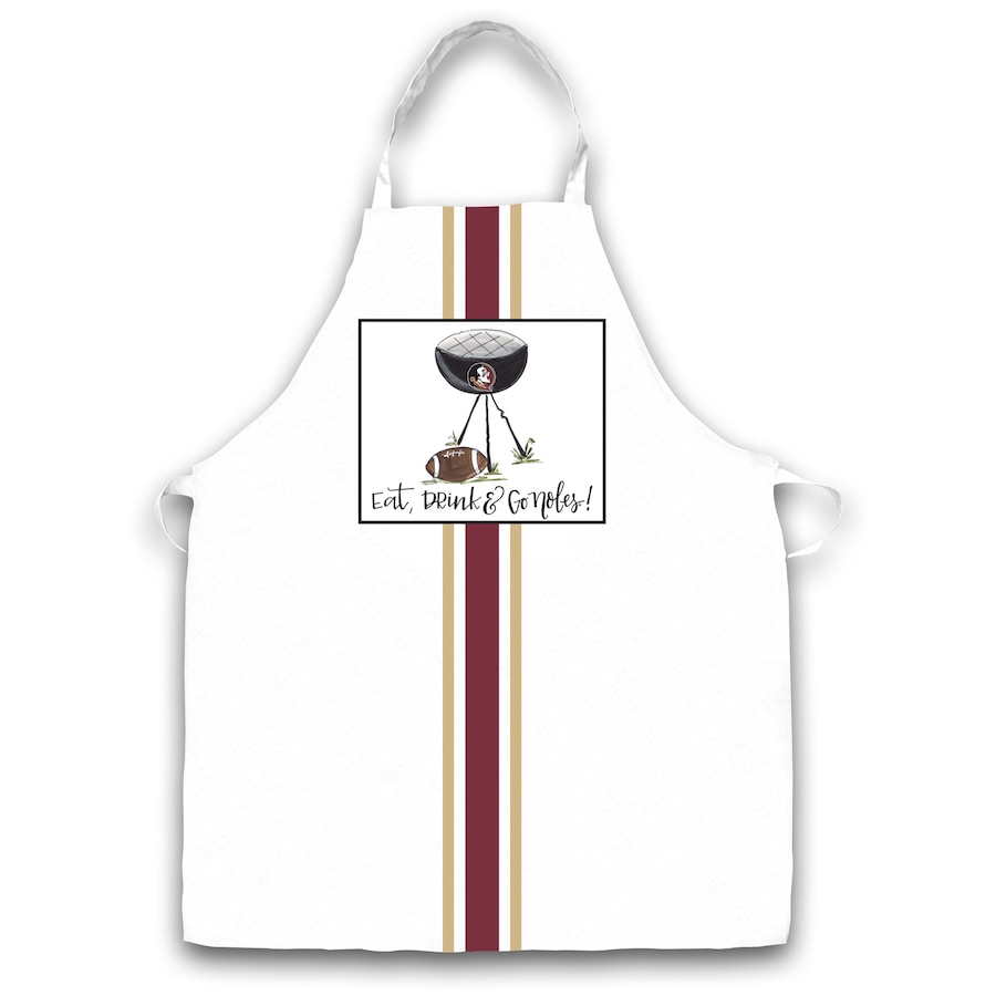 An image of a white apron on a white background.  Down the center of the apron are a gold, maroon, and gold stripe.  Across the chest of the apron is an image of a grille that has the FSU logo on it, and a football beside it.  Below the grille it says 'Eat, Drink & Go Noles!'
