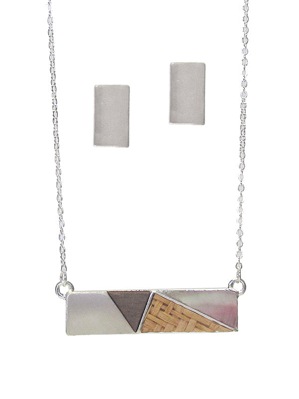 Silver earring and bar necklace set.  Necklace features matching silver, and wood, rattan and iridescent stone accents.