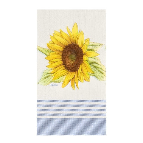 A rectangular napkin on a white background.  The napkin has a printed image of one large yellow sunflower on a white background with four thin blue stripes below and a thick blue border under them.  The blue portions are made of diagonal blue and white lines.