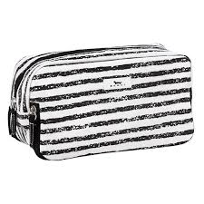 Black and white striped toilietry bag with zippered compartments