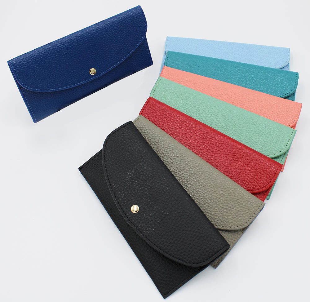 Collection of closed wallets, cobalt blue, black, gray, red, mint, coral, turquoise and light blue