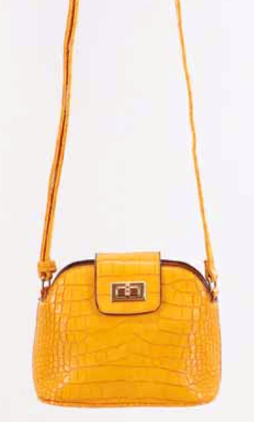 A yellow colored purse on a white background.  The purse has an embossed alligator texture and a coordinating strap.  The purse has a brass twist lock enclosure and black trim around the top.
