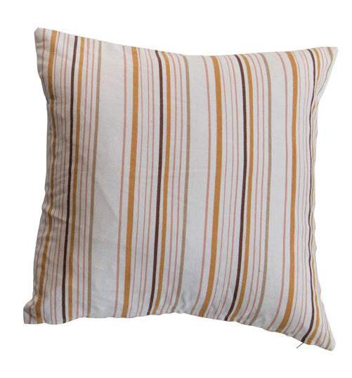An image of a pillow with vertical stripes on it of varying thickness and color.  The colors used are coral, mustard, brown and tan, on a white background.