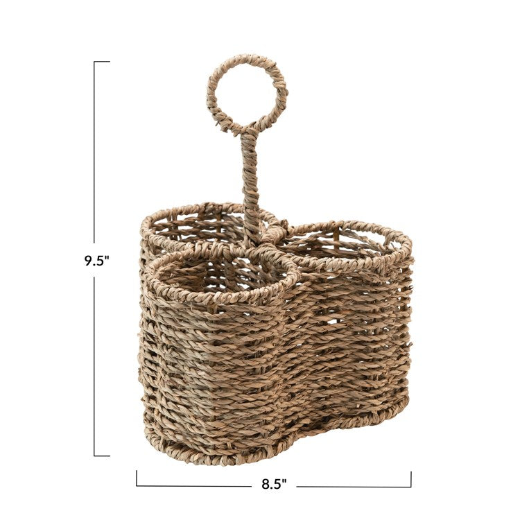 An image of a three section caddy finished with woven seagrass.  The dimensions are illustrated around the image, '9.5" vertically, 8.5" horizontally'