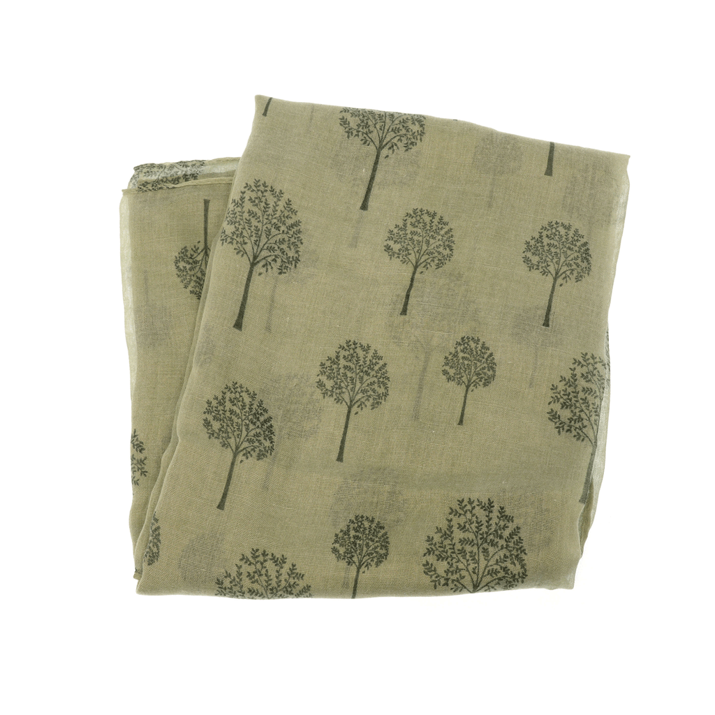 A closeup of a forest green scarf with printed trees