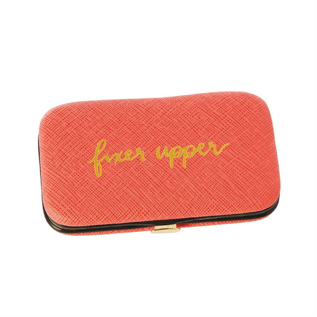 5 piece manicure kit, coral with gold text that says fixer upper