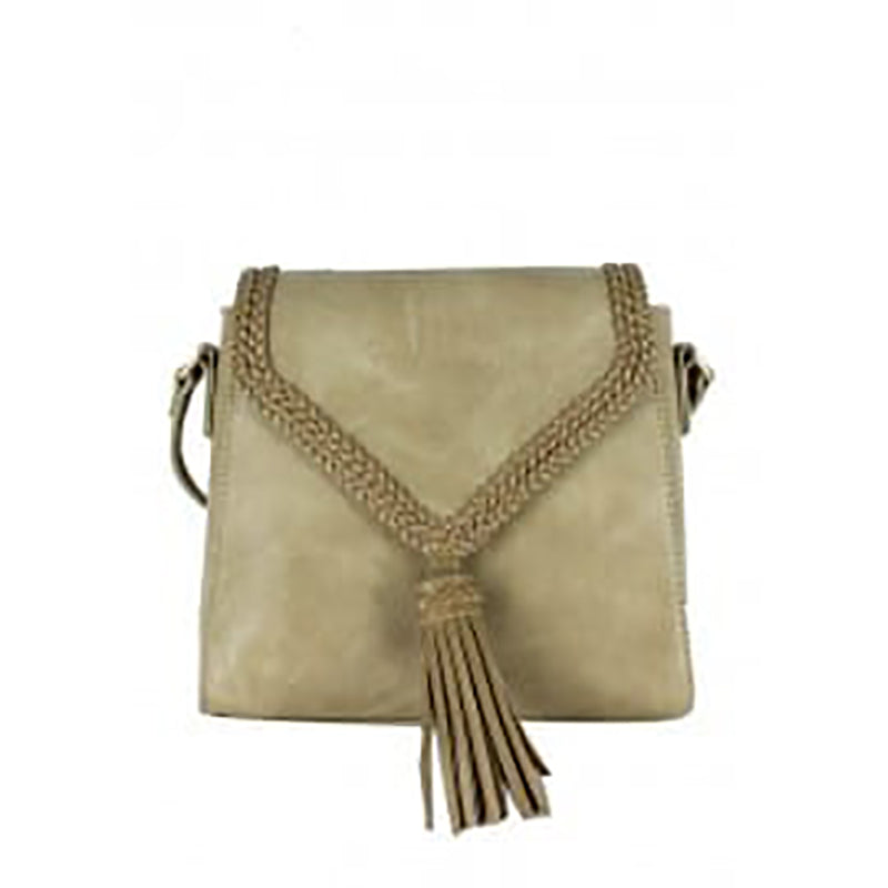 Olive handbag with braided detail on flap and a large tassel.