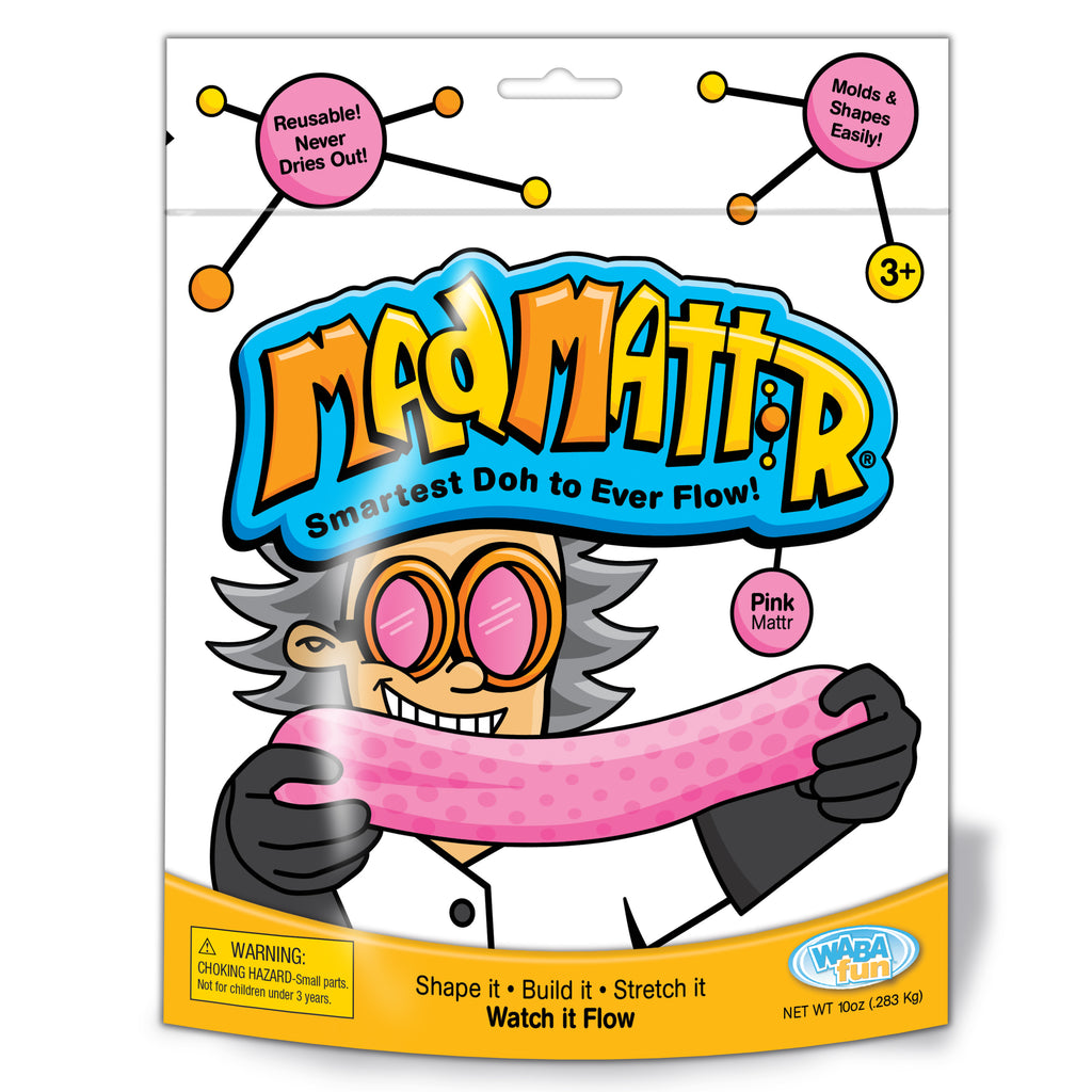 An image of a packet of Mad Mattr.  At the top are two electrons with messaging that says 'Reusable, Never dries out!' and 'Molds & Shapes Easily'.  Below the logo is an illustration of a scientist with white hair stretching pink matter in between his gloved hands.