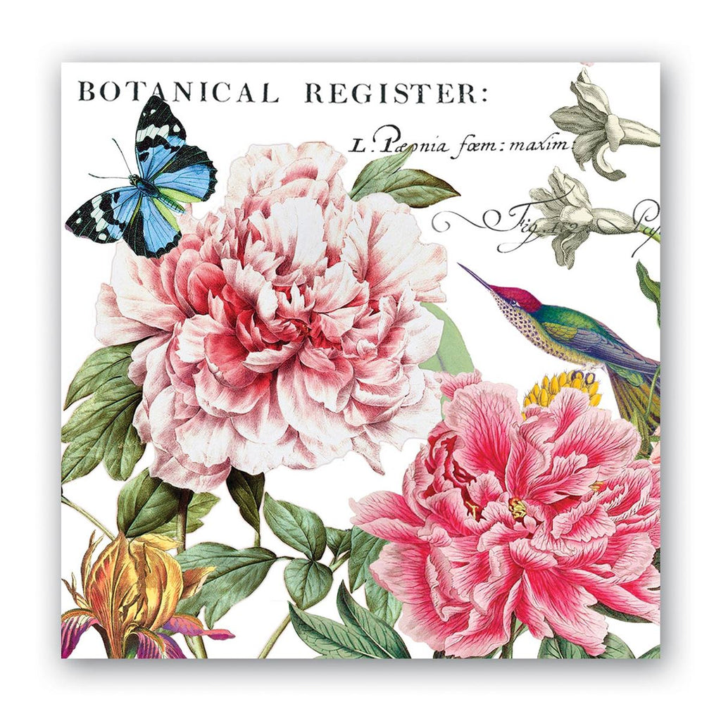 An image of a cocktail napkin with an image of pink peonies, a butterfly and a hummingbird.  Black text is overlaid that says 'Botanical Register' and text in latin.